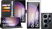 Hoesje geschikt voor Samsung Galaxy S23 Ultra - Screenprotector FlexGuard & Camera Lens Screen Protector - Book Case Leer Pasjeshouder Zwart