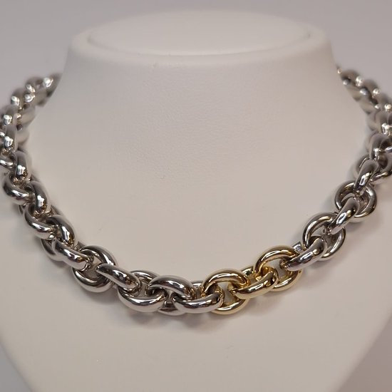 Zilveren collier - jasseron - zilver - 14 karaat geelgoud - dames collier - sale Juwelier Verlinden St. Hubert – van €815,= voor €595,=
