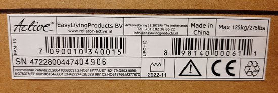 Label met 'Active EasyLivingProducts', barcode, serienummer, 'Made in China' en max 125kg.