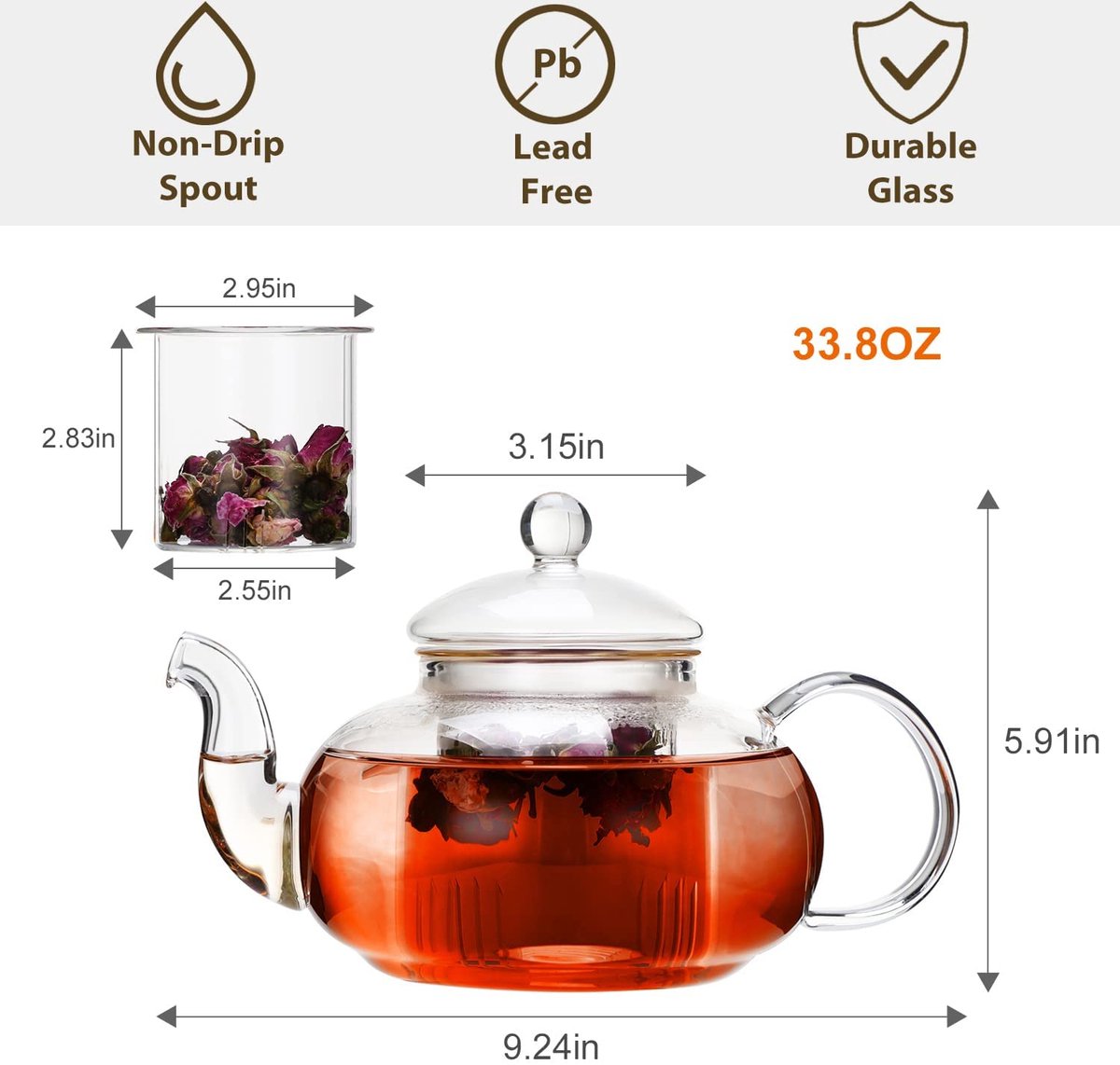 Glazen theepot met filter/infuser van 1200 ml met 3x stuks theeglazen van 240 ml