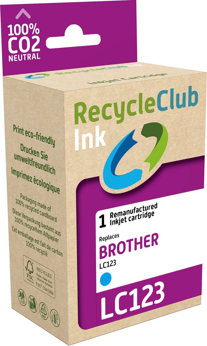 RecycleClub inktcartridge - Inktpatroon - Geschikt voor Brother - Alternatief voor Brother LC-123 Cyaan Blauw 10ml - 705 pagina's