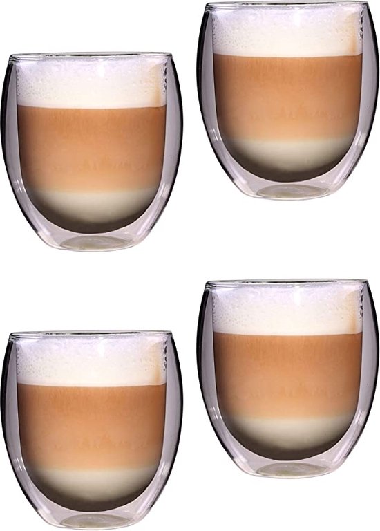 Set van 4 dubbelwandige glazen koffiekopjes met mouwen, lichte geïsoleerde kopjes, hittebestendig, voor cappuccino, latte, thee, 4 stuks, 350 ml