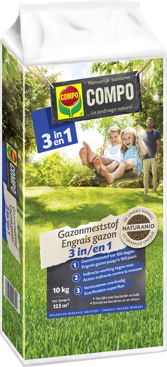 COMPO Gazonmeststof 3 in 1 - meststof met indirecte werking tegen mos + verticuteren overbodig - lange werking van 100 dagen - met bacteriën - zak 10 kg (125 m²)