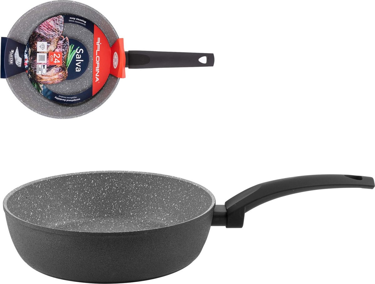 Florina Salva koekenpan met hoge rand en 3 laags non stick coating 24 x 6,5 cm zwart / grijs - air cushion technologie - koud blijvend handvat met soft touch