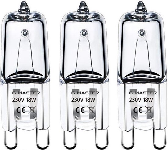 Drie G Master halogeenlampen, 230V 18W, met metalen voet en dubbele pinnen.