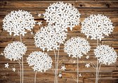 Fotobehang - Vlies Behang - Witte Bloemetjes Kunst - Bloemen op Houten Planken - 254 x 184 cm