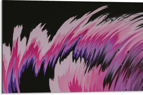 Dibond - Paarse en Roze Golvende Strepen op Zwarte Achtergrond - 75x50 cm Foto op Aluminium (Met Ophangsysteem)