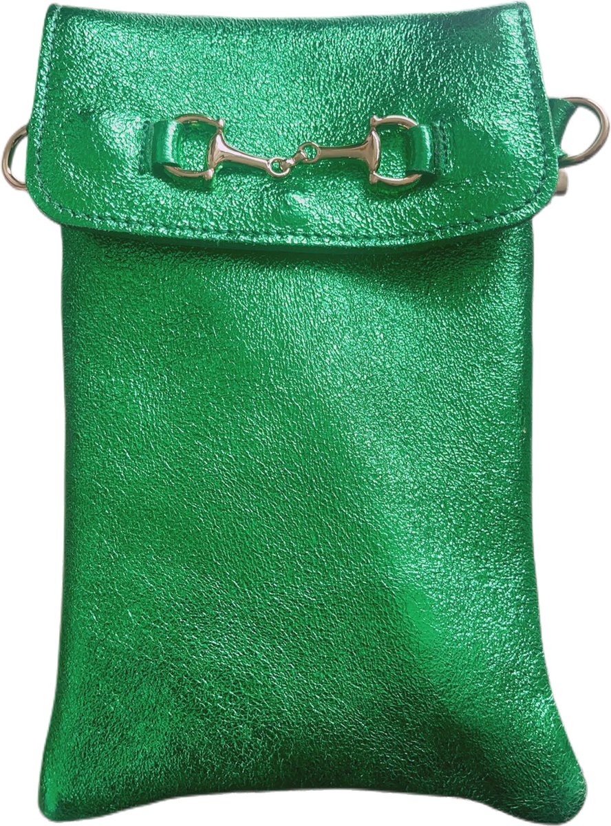 Telefoontasje, echt leder tasje voor de mobiele telefoon, schoudertas, portemonnee voor dames, multifunctionele tas met verwijderbare, verstelbare schouderriem, voor mobiele telefoons tot 8 inch (13.5 x 21 cm)-Groen