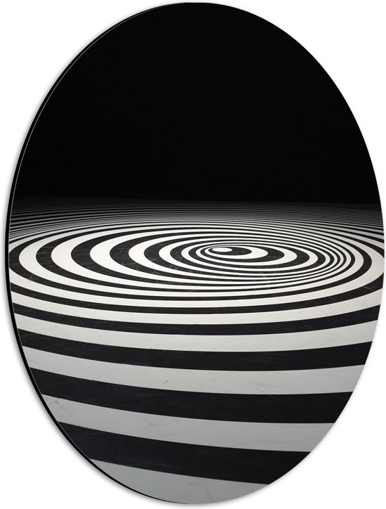 Dibond Ovaal - Vloer van Zwarte en Witte Cirkels in Zwarte Omgeving - 30x40 cm Foto op Ovaal (Met Ophangsysteem)