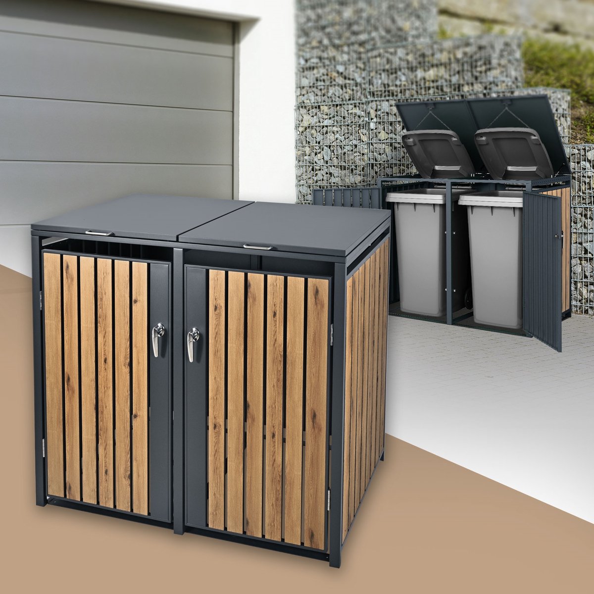 Kliko ombouw, Container ombouw 2 tot 240L 132x80x116,3 cm gemaakt van staal in eiken look ML design