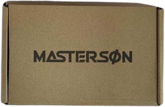 Bruine kartonnen doos met zwarte tekst 'MASTERSON'.