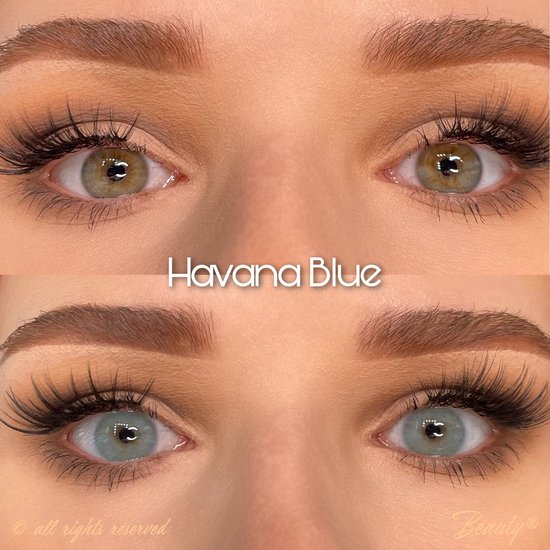 Vergelijking van twee ogen. Boven: natuurlijke bruine ogen. Onder: ogen met blauwe "Havana Blue" contactlenzen.