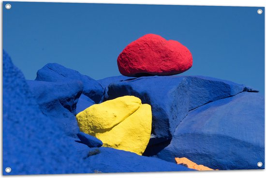 Tuinposter – Rode en Gele Kei op Blauwe Keien - 105x70 cm Foto op Tuinposter (wanddecoratie voor buiten en binnen)