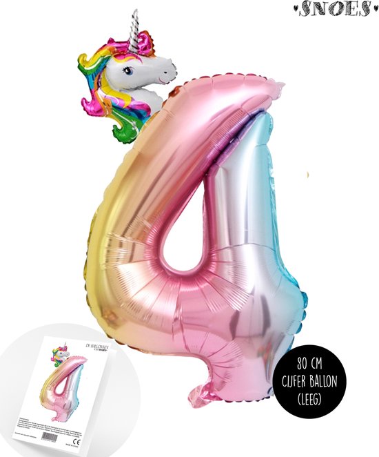 Snoes - XL Cijfer Ballon 4 - Vrolijke Helium Regenboog Eenhoorn Cijfer Ballon Met Mini Unicorn - Paardenmeisjes - Verjaardag