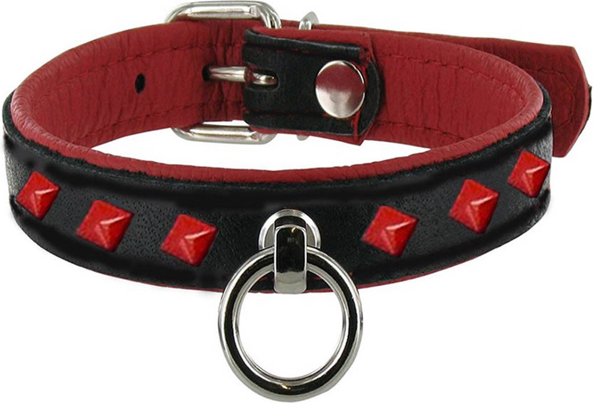 Black Label - Leren collar met Rode Studs - Zwart