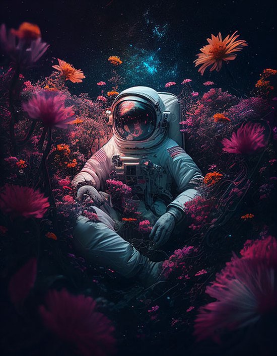 AI - Woondecoratie - Poster - Astronaut - bloemen - 80 x 120 cm