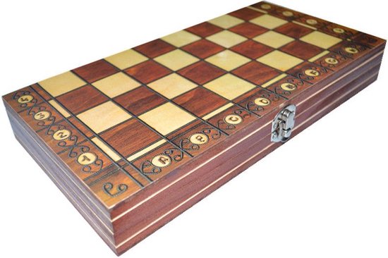 Thumbnail van een extra afbeelding van het spel xxl Schaak dammen backgammon 3 in 1 opvouwbare bordspel magnetische 44cm breed schaakbord met schaakstukken reisspel houten schaakspel