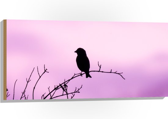 Hout - Silhouet van een Klein Vogeltje tegen Paarskleurige Lucht - 100x50 cm - 9 mm dik - Foto op Hout (Met Ophangsysteem)