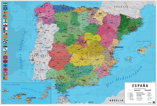 Spanje kaart poster - Madrid - Barcelona - Costa del Sol - 61 x 91.5 cm
