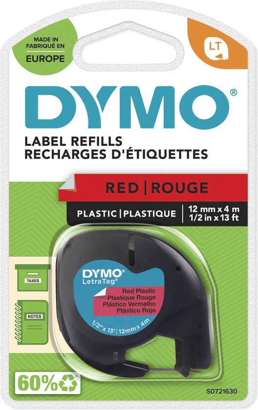 DYMO LetraTag labelrol navulling, rode plastic labels, 12 mm x 4 m, verpakt in een blisterverpakking.