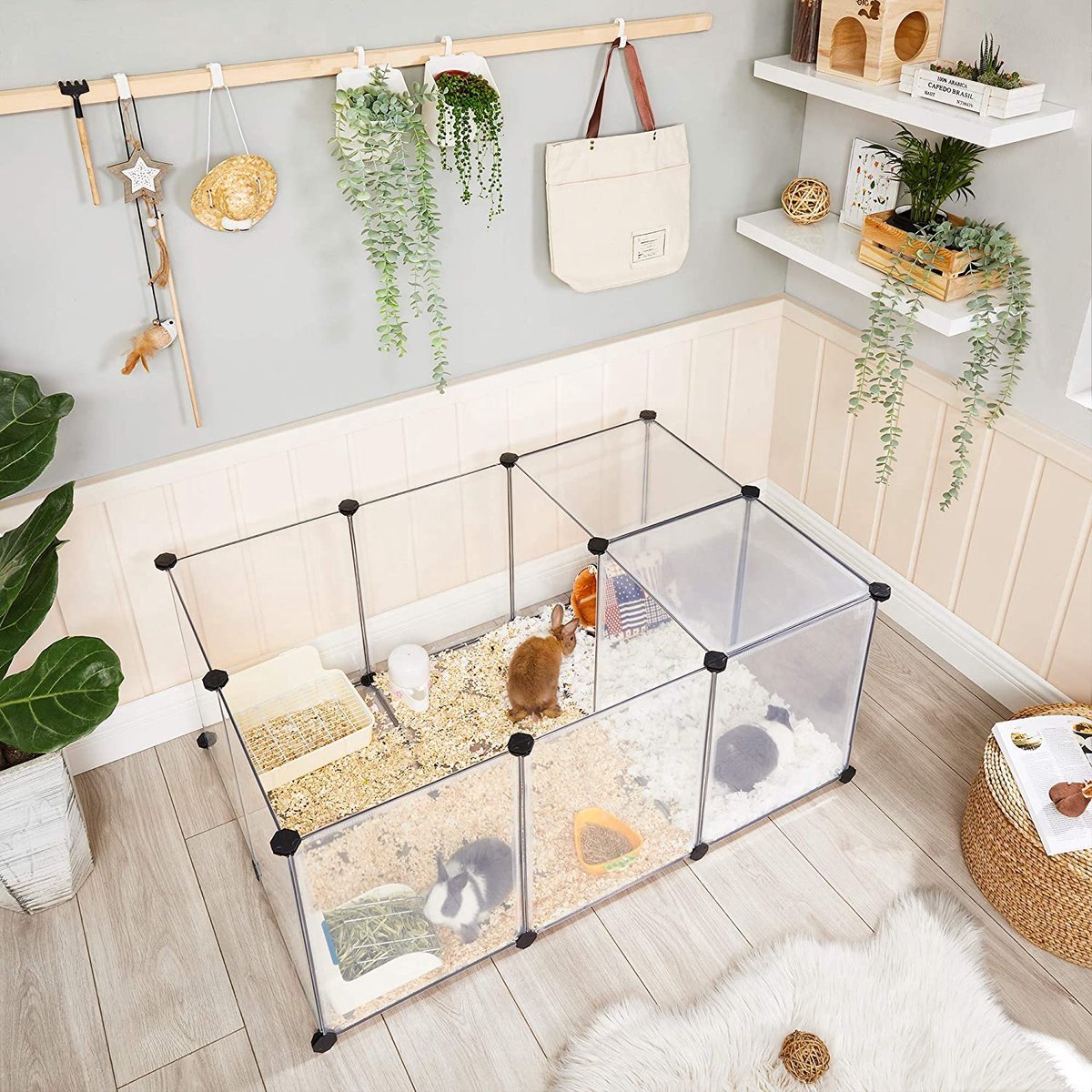 Hoppa! Huisdier ren / speelbox met bodem, 20 panelen, DIY behuizing, hek, kooi voor kleine dieren, cavia's, hamsters, konijntjes, huisdier ren, wit thumbnail 3