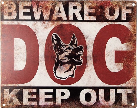 Clayre & Eef Tekstbord 25x20 cm Rood Beige Ijzer Hond Beware of dog Keep out Wandbord