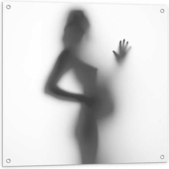 Tuinposter – Silhouet van Zwanger Vrouwenlichaam achter Wazige Wand - 80x80 cm Foto op Tuinposter (wanddecoratie voor buiten en binnen)
