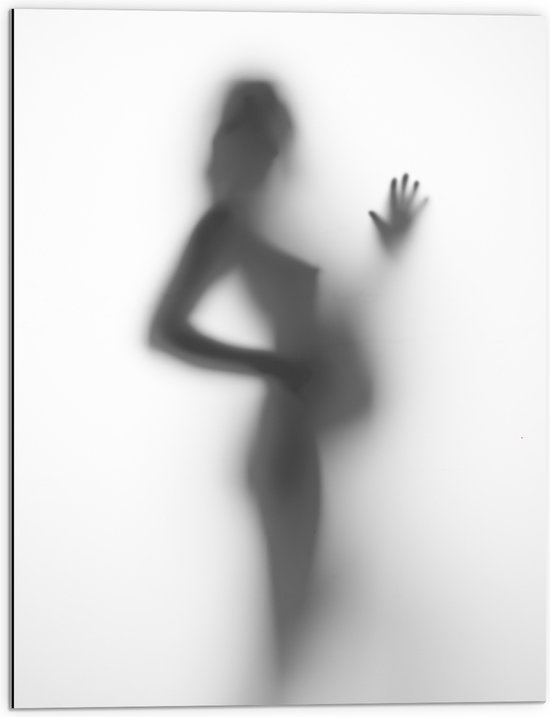 Dibond - Silhouet van Zwanger Vrouwenlichaam achter Wazige Wand - 60x80 cm Foto op Aluminium (Met Ophangsysteem)