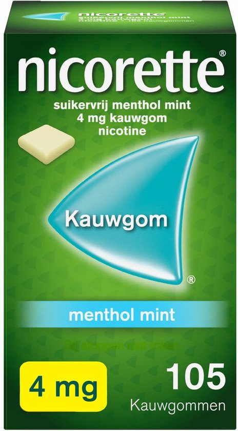Nicorette Nicotinevervanger Suikervrije Kauwgom Menthol Mint 4mg, Stoppen met roken - 105 stuks