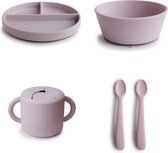 Mushie Dinner Set | Silicone Plate, Bowl, Snack Cup and Spoons set | Soft Lilac | Silicone Kinderservies Set | Mushie Diner Set Silicone Bord, Kom, Snack cup en 2 Lepels | Lila