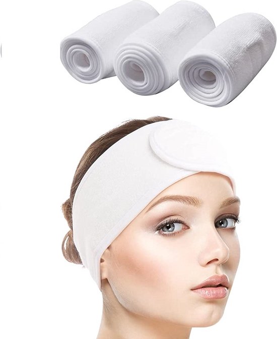 Premium verstelbaar hoofdband van badstof met klittenband, kleur wit 3 stuks - haarband - Spa hoofdband - Wellness hoofdband - make-up hoofdband -