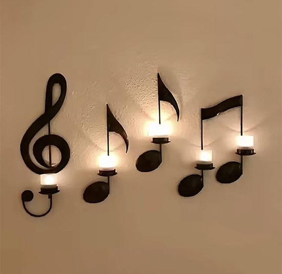 Kandelaar Muur Music Not, set van 4 decoratieve kandelaars muzieknoten