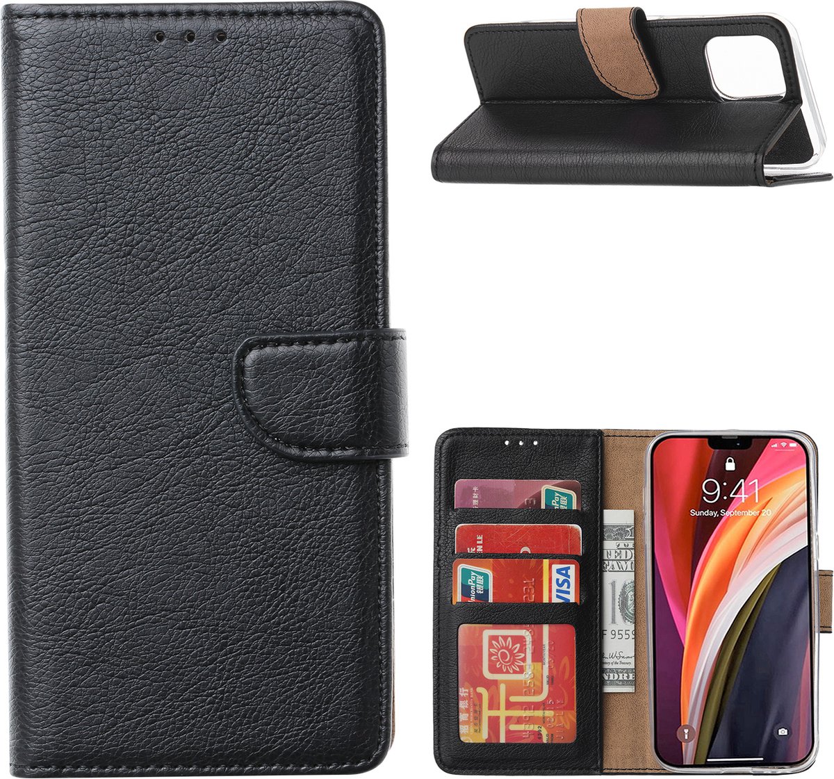 Cityhoesje - iPhone 14 Pro - Bookcase incl. Pasjeshouder - Zwart