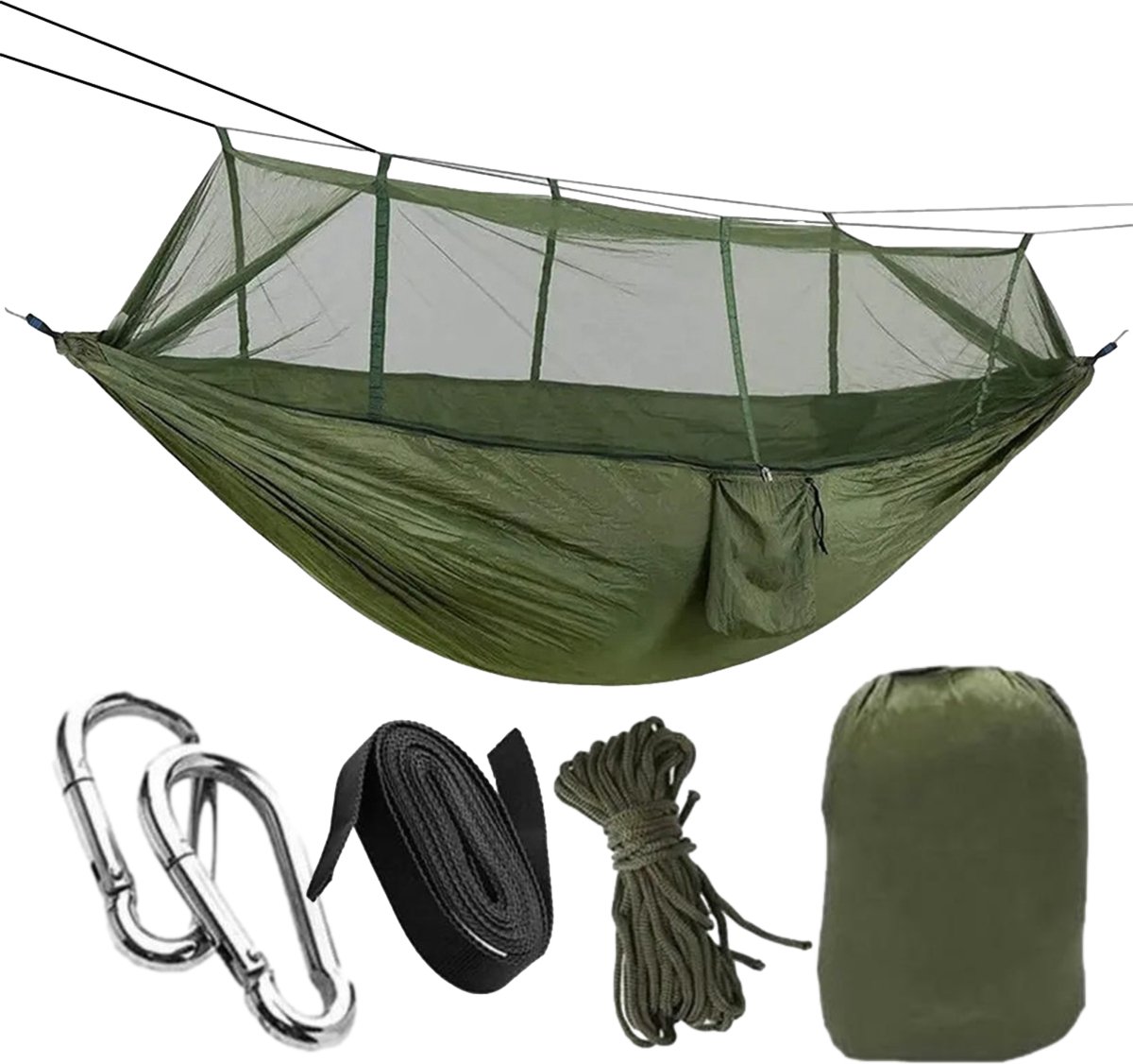 Bol.com HSXL Lichtgewicht Outdoor Hangmat met Muggennet en Accessoires - 260x140cm - Groen - Survival Hangmat met Klamboe aanbieding