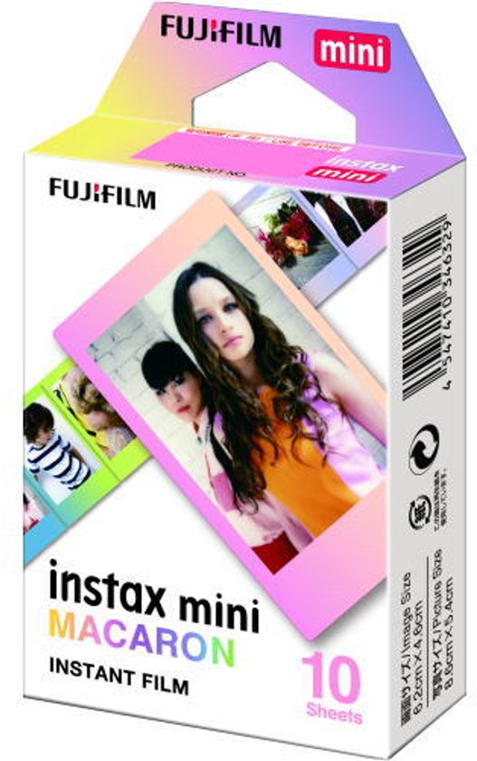 Fujifilm Instax Mini Macaron film verpakking met voorbeelden van foto's, waaronder twee meisjes en een kind.