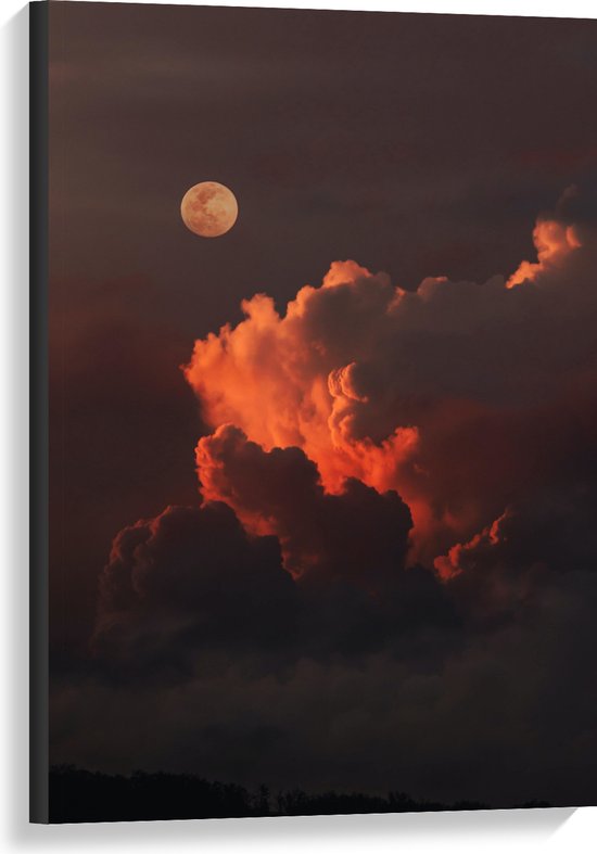 Canvas - Maan bij Wolken - 60x90 cm Foto op Canvas Schilderij (Wanddecoratie op Canvas)