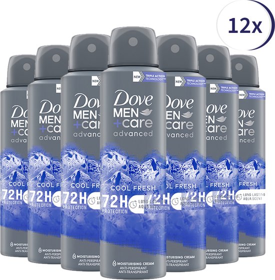 Twaalf Dove Men+Care Advanced Cool Fresh Deosprays in een voordeelverpakking.