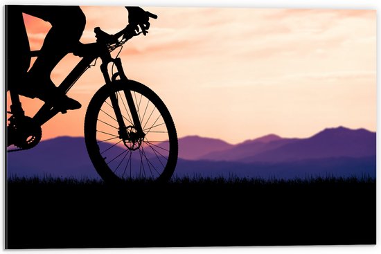 Dibond - Silhouet van Persoon op Mountainbike Fietsend door Berggebied - 60x40 cm Foto op Aluminium (Wanddecoratie van metaal)