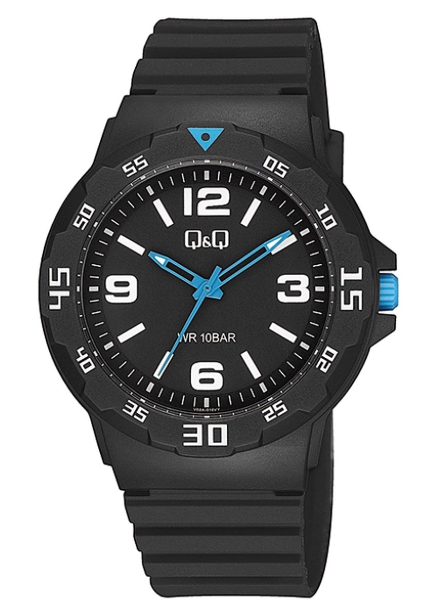 QQ-Horloge-Jongens-Mannen-Waterdicht-10BAR-Zwemmen-Sporten-Rubber band-43MM-Zwart-Blauw