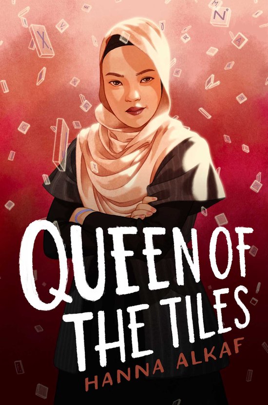 Boekomslag met een jonge vrouw met een hijab die de tekst 'Queen of the Tiles' weergeeft, omringd door letters.