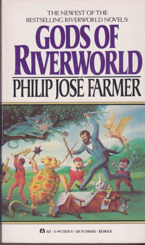 Boekomslag van 'Gods of Riverworld' door Philip José Farmer met een circusachtige scène van fantasiefiguren.