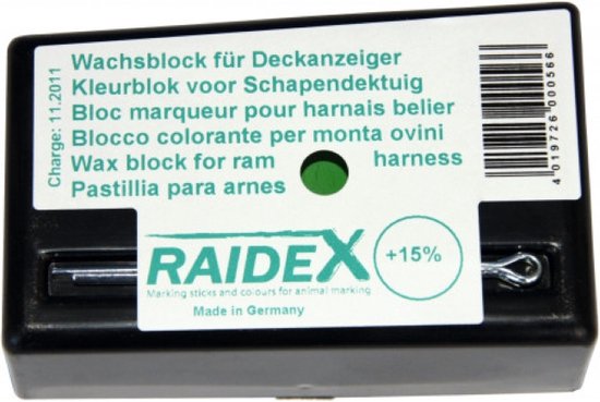 Bloc de cire vert Raidex pour harnais de mouton, avec broche métallique.