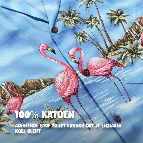 Hawaii Blouse Mannen - Shirt - Hemd - 100% Katoen - Overhemd Heren Korte Mouw - Made in Hawaii "Flamingo in het Water" Maat M