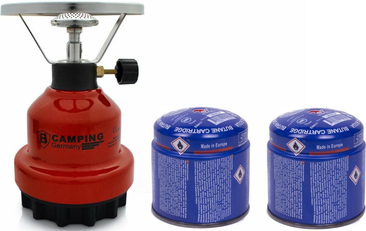Camping kookstel - metaal - rood - incl. 2x gas navulling priktank - 190 gram