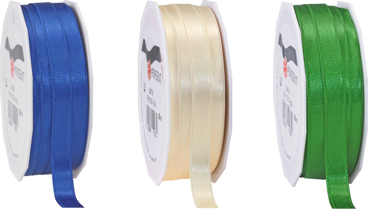 Glorex hobby - Satijn cadeau inpak deco sierlint - blauw/creme/green - 25 meter x 1 cm