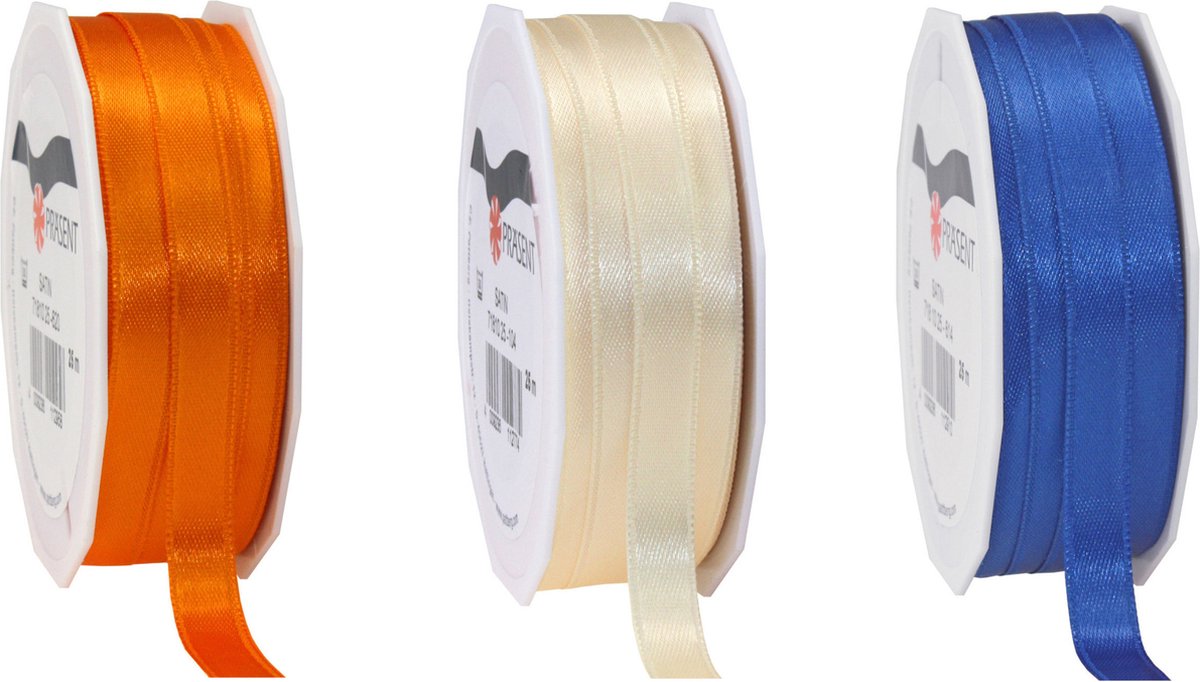 Glorex hobby - Satijn cadeau inpak deco sierlint - blauw/creme/orange - 25 meter x 1 cm