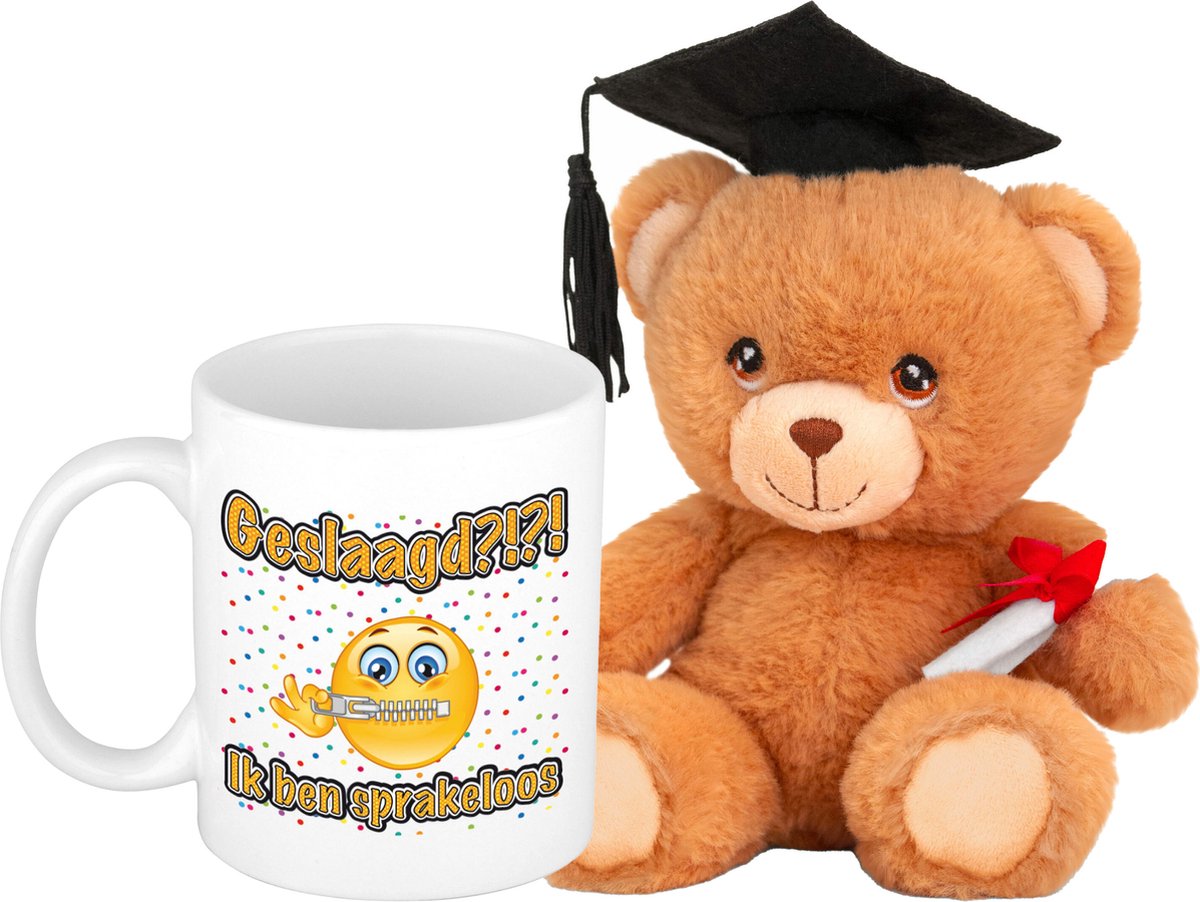 Bellatio Decorations Geslaagd cadeau mok / beker met knuffelbeer - sprakeloos - Ca. 300ml
