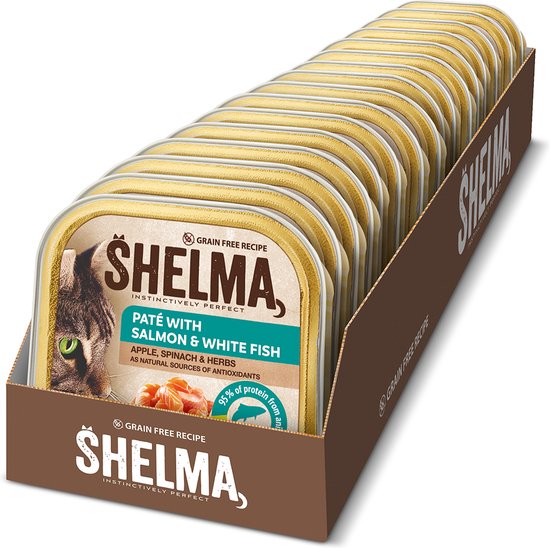 Foto: Shelma premium kattenvoer natvoer pat met zalm vis en groenten 16 x 100 g