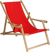 Springos - Chaise longue - Chaise de plage - Chaise longue - Réglable - Accoudoirs - Bois de hêtre - Imprégné - Handgemaakt - Rouge