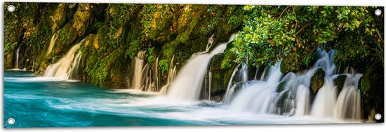 Tuinposter – Kleine Groep Watervallen vanuit het Bos in Rivier - 120x40 cm Foto op Tuinposter (wanddecoratie voor buiten en binnen)